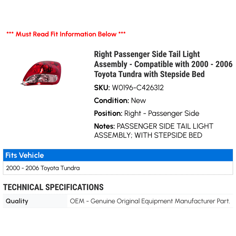 Right Passenger Side Tail Light Assembly - Compatible with 2000
