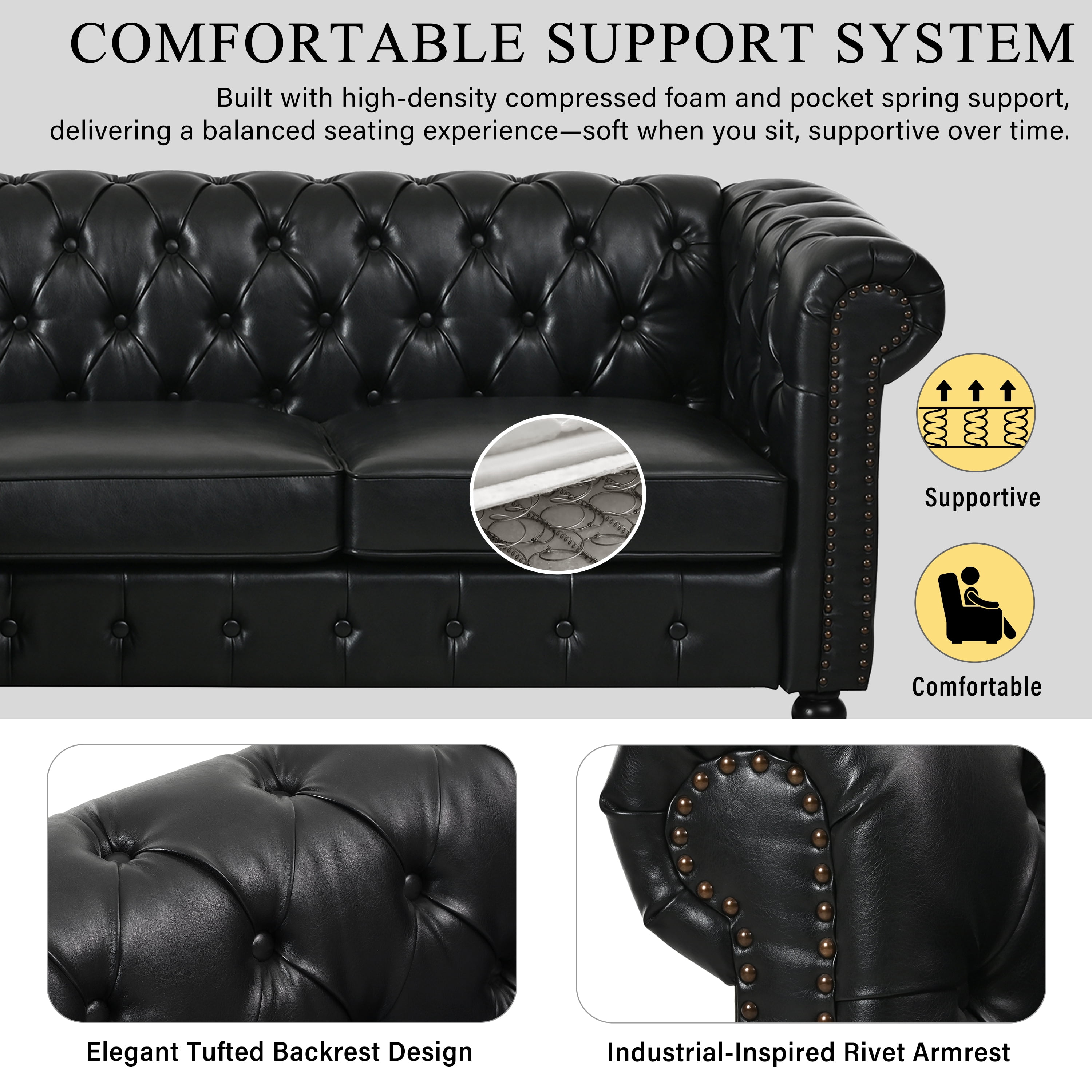 Howcool 85"W Chesterfield Sectional Sofa with Storage Ottoman,L-Shaped Faux Leather Sofa Couch,4-Seater Modular Sofa with Tufted Back & Nailhead Trim for Living Room,Black
