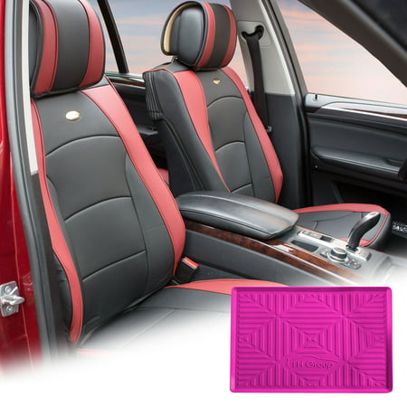Burgundy Black PU Leather Front Bucket Seat Cushion Covers for Auto Car SUV Truck Van with Hot Pink Dash Mat