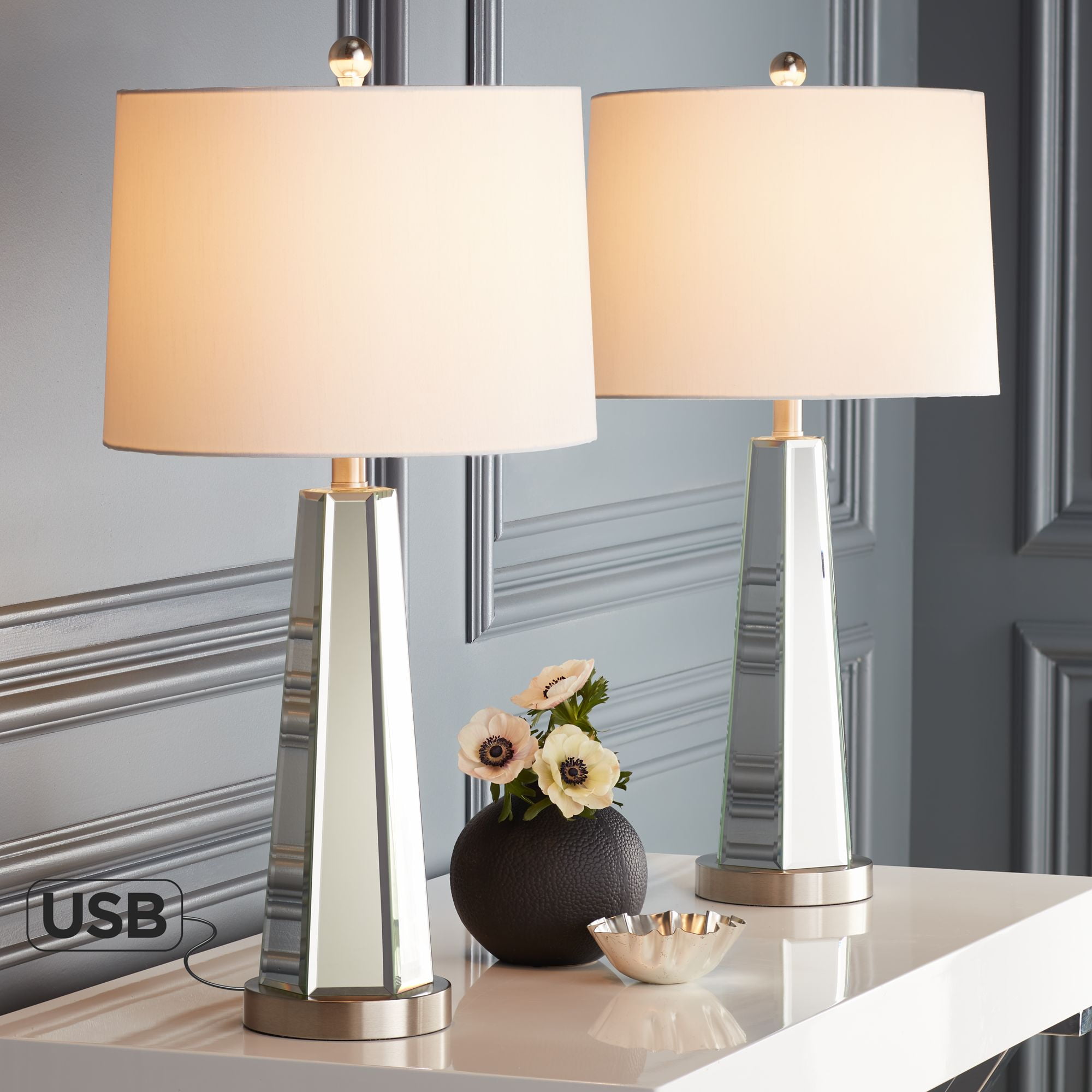 Regency Hill Modern Table Lamps 28" Tall Set of 2 with USB Charging Port  Brushed Nickel Metal White Drum Shade Living Room Bedroom House -  Walmart.com