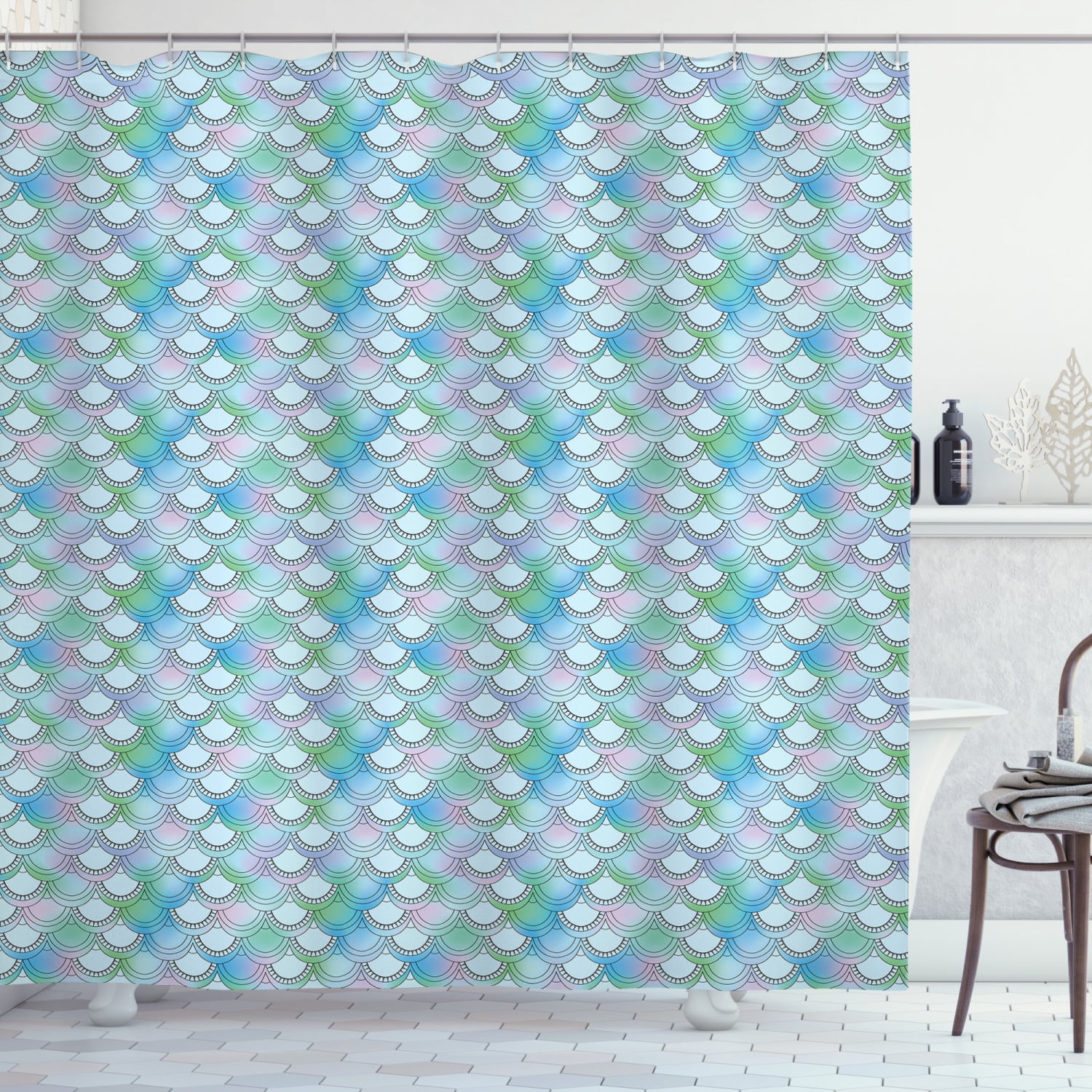 Fish Scale Shower Curtain, Japanese Squama Pattern with Smooth Color
