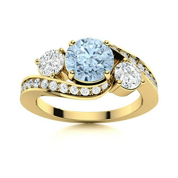 Bypass Side Stone 5MM Round Aquamarine Trilogy Women Ring 925 Sterling Silver Gold Vermeil