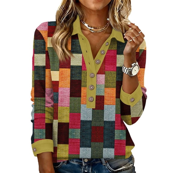 Garbnen Henley Tops for Women Plaid Spring Summer Women Long Sleeve Shirts Dressy Casual Basic Button Pullover Tops for Women