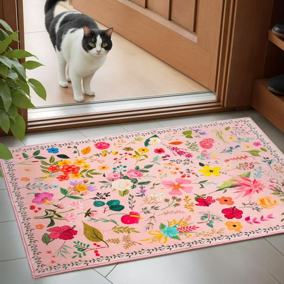 Alfombra CRYPTOLITE Boho Floral, lavable, 60 x 90 cm, para entrada, color rosa