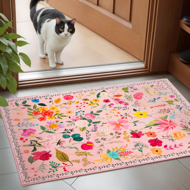 Alfombra CRYPTOLITE Boho Floral, lavable, 60 x 90 cm, para entrada, color rosa