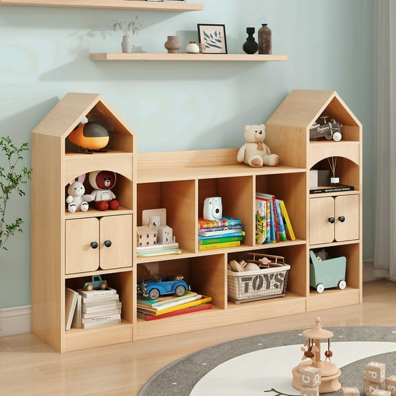 Vabches Kids Bookcase and Toy Storage Organizer, Children Bookshelf, Castle Shape, Playroom Furniture Multipurpose Shelf for Toddlers to Organize Toys and Books Magic Castle, Oak