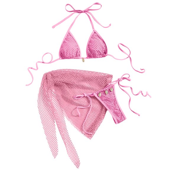 IYYVV Women'S 3 Piece Swimsuit Fishnet Halter Triangle String Bikini Set Bathing Suit With Tie Side Cover Up Beach Skirt Pink M