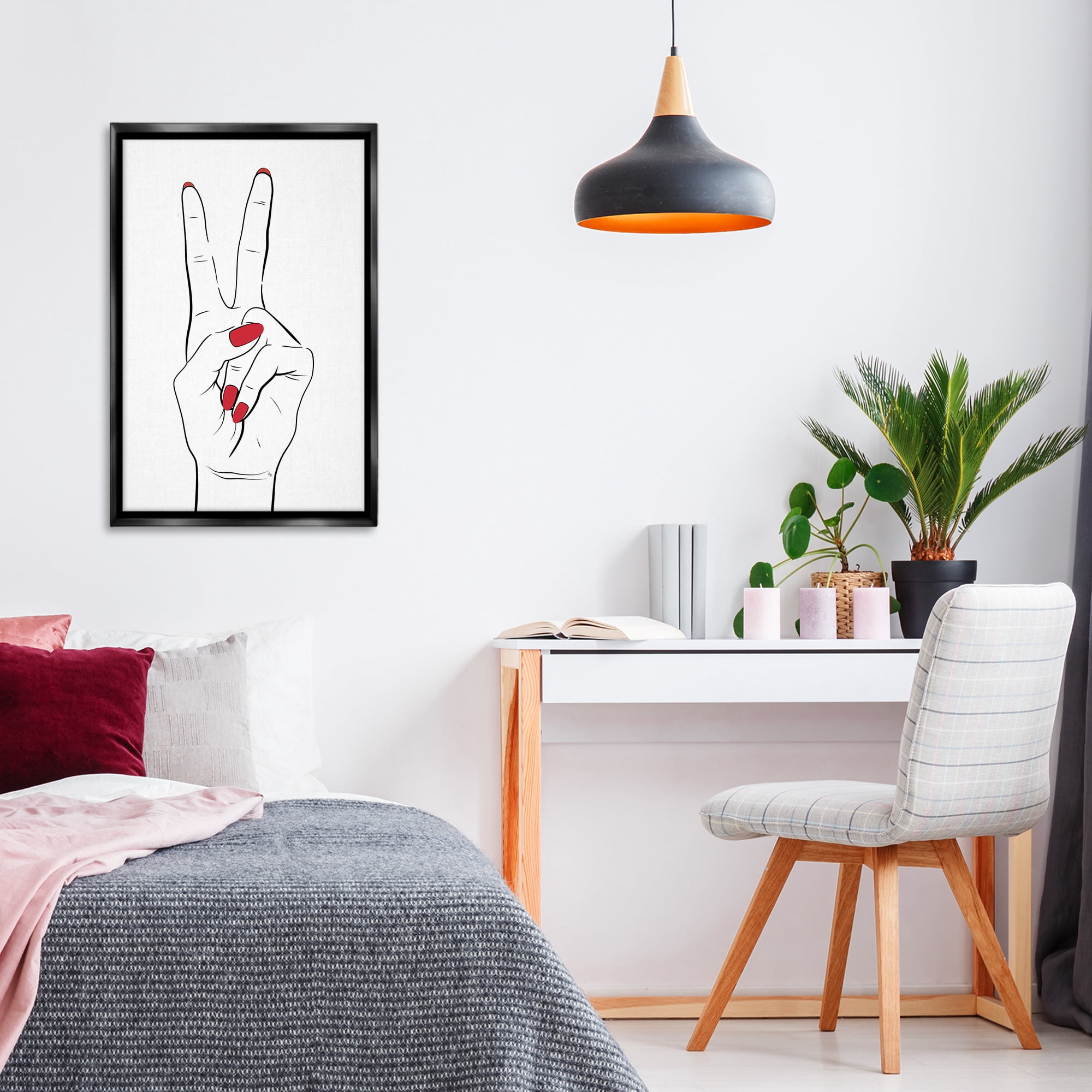 Stupell Industries Victory Peace Sign Hand Fashion Painting Black Floater Framed Canvas Art Print Wall Art, 21 x 31