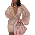 thumbnail image 1 of hirigin Women Mini Bodycon Dress Sequins See-Through Long Bubble Sleeve Deep V-Neck Cocktail Dress Spring Fall Party Club Skinny Dress, 1 of 5