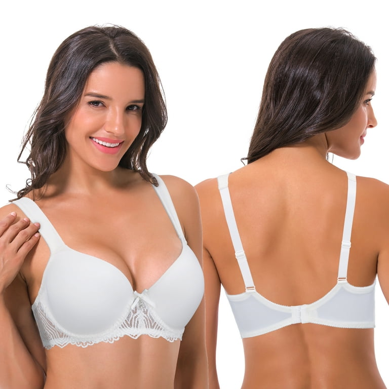 Curve Muse Women's Lightly Padded Underwire Lace Bra with Padded Shoulder  Straps-2PK-WHITE,LIGHT YELLOW-46B