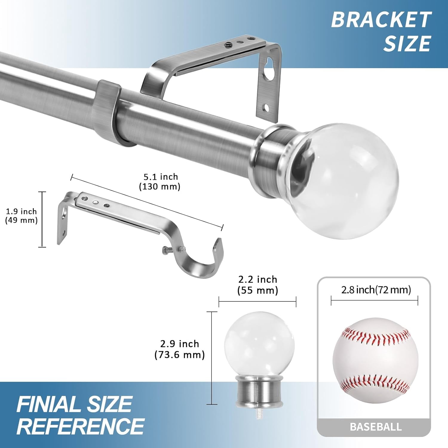 Urbanest Adjustable Single Curtain Rod Set Crystal Ball Finials – 1 -Inch Diameter, With Brushed Steel Rod, 28–48 Inches