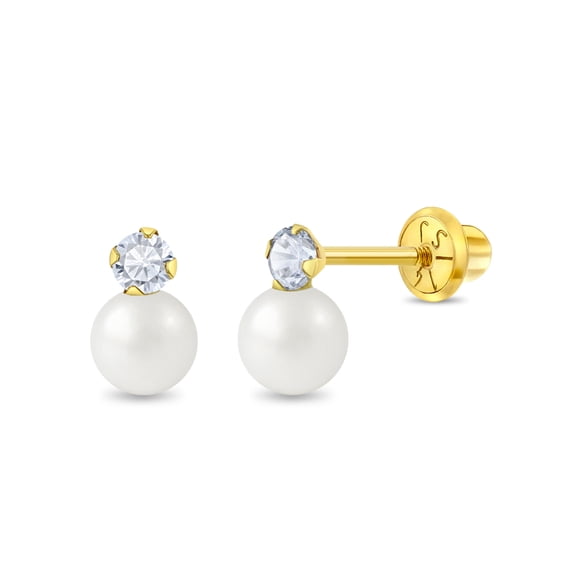 14k Gold Pearl With CZ Drop Toddler / Kids / Girls Earrings Safety Screw Back