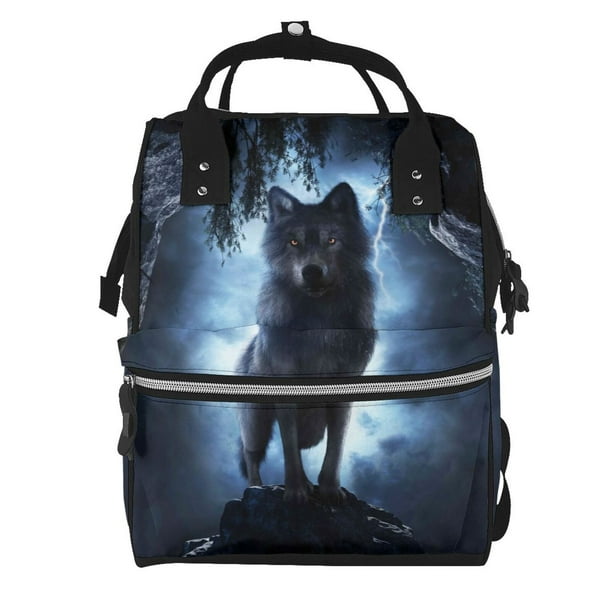 Fotbe Night Scene of Wolves Mochila Maternidad - Lona de Sarga Impermeable, Mochila de Pañales de Gran Capacidad con Múltiples Bolsillos y Correas Ajustables