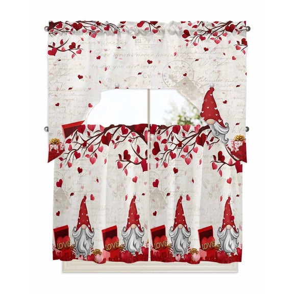 Red Valentine's Day Kitchen Curtains Swag Valance and Tier Curtains Set 36 Inch Length, Love Heart Leaves Gifts Gnomes Rod Pocket Drape Panels Pair Swag Curtains for Bathroom/Cafe/Window
