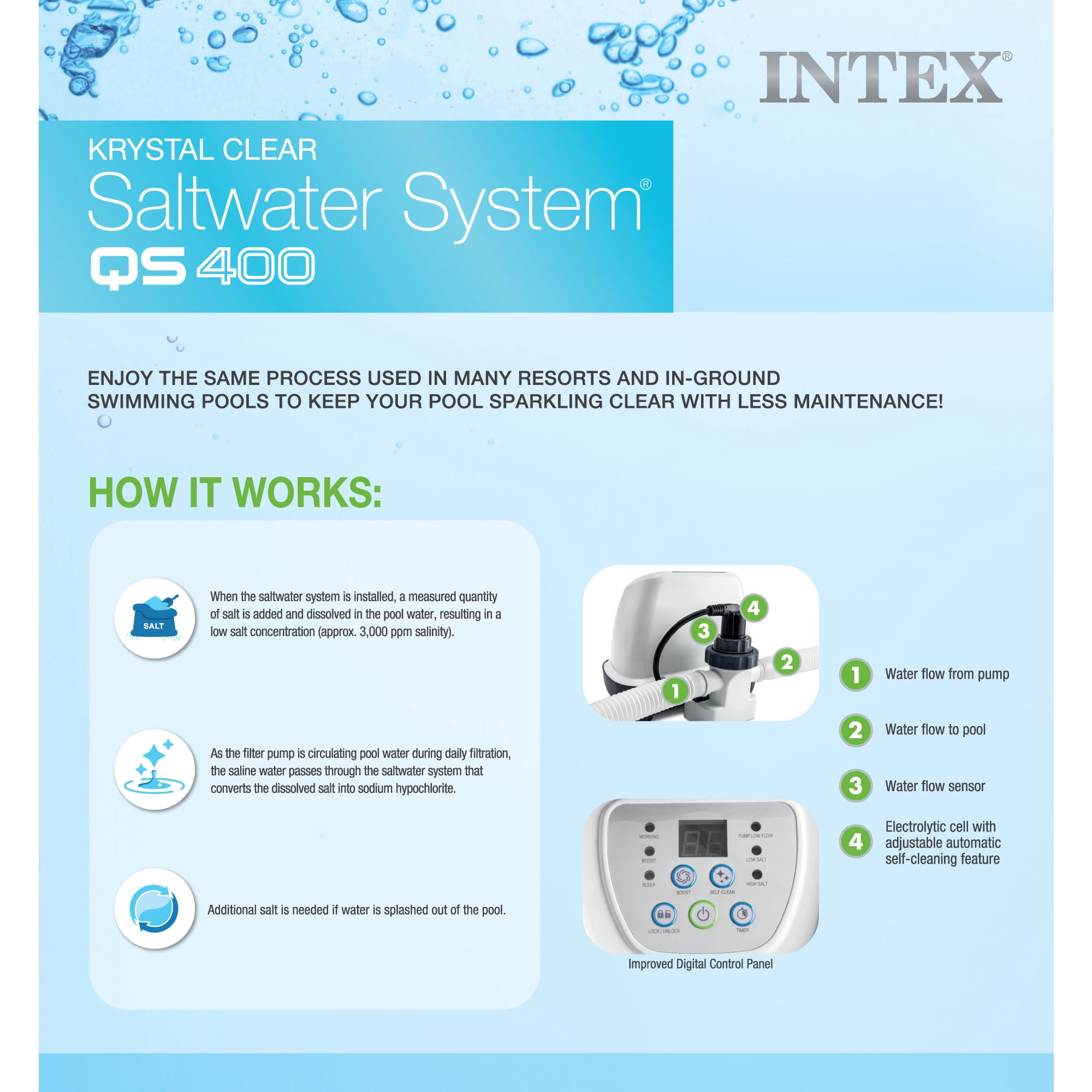 Intex: Krystal Clear: Saltwater Chlorine System - QS400 - Sanitize Up To 4500 Gal Above Ground Pools, Filter Pump Connect, Self-Clean, GFCI, 26663EG