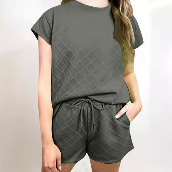 Women's Short Sleeve Tops Women's two-piece shorts short-sleeved tops casual set of shorts summer sportswear suit sportswear suit Ndbuld Army Green XL