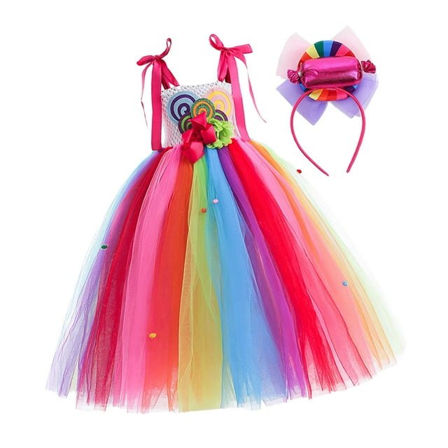 Vestido de niña con diadema, sin mangas, colorido arcoíris, de tul 110