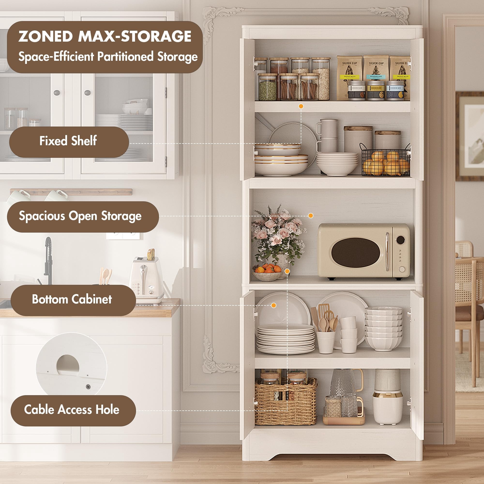 Kitchen Pantry Cabinet, 72" Tall Storage Cabinet with Countertop, Freestanding Wooden Hutch Cupboard with Carved Door & Crystal Handle, for Dining Room, Living Room