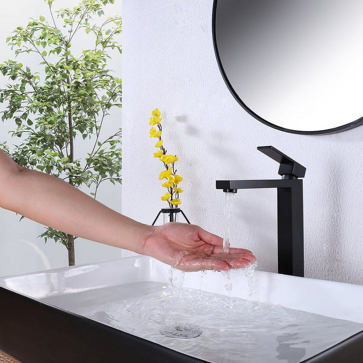 ANGELES HOME Deck Mounted Bathroom Faucet with Single Handle, Bathtub Basin Vanity Sink Faucet, Solid Brass Bathroom Faucet, Drain Assembly, Rough-in Valve Included, Matte Black
