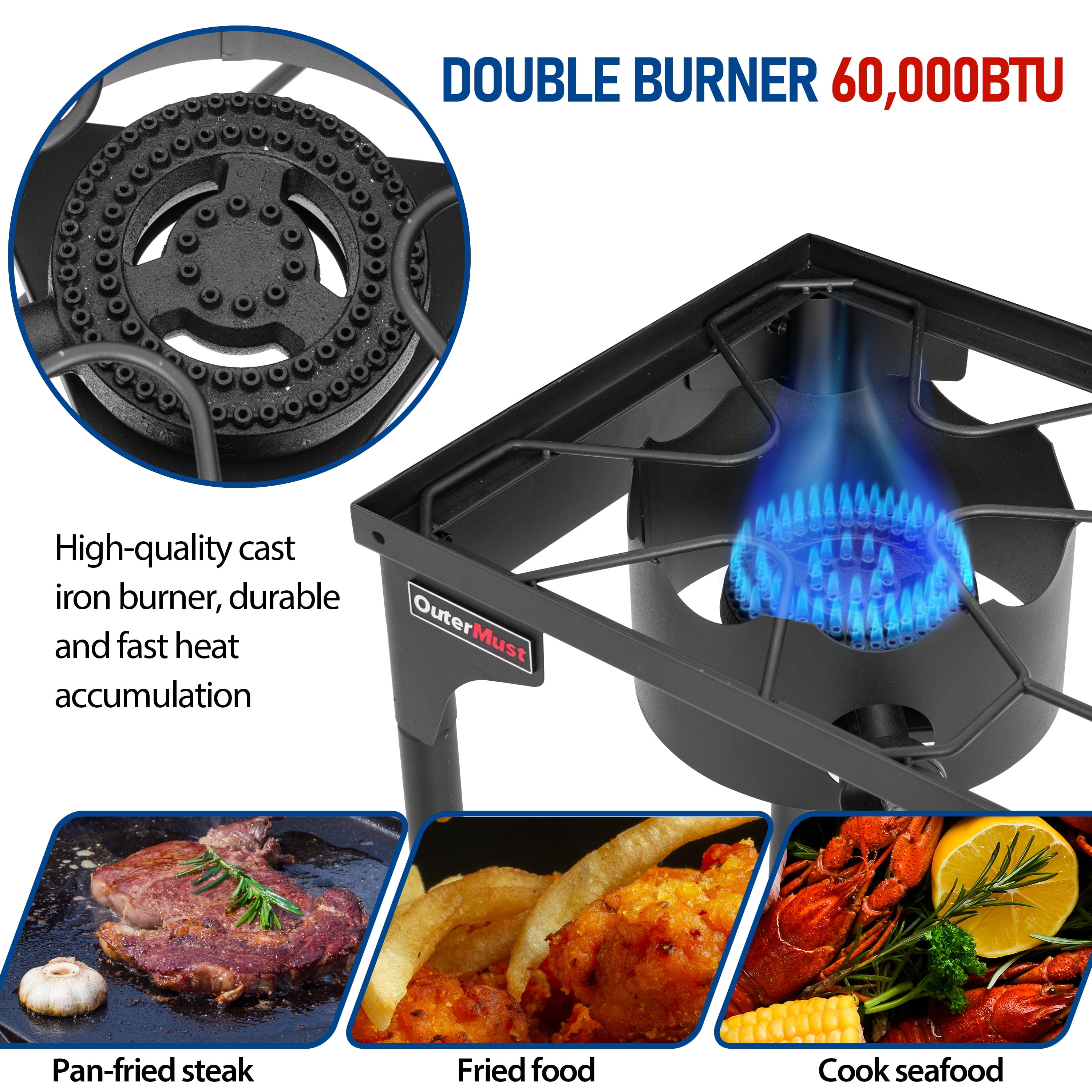 OuterMust 2 Burner Propane Gas Stove with 0-3 PSI Adjustable Regulator and Removable Legs Gas Burners for Cooking Perfect for Home Brewing, Seafood Boil and Camping