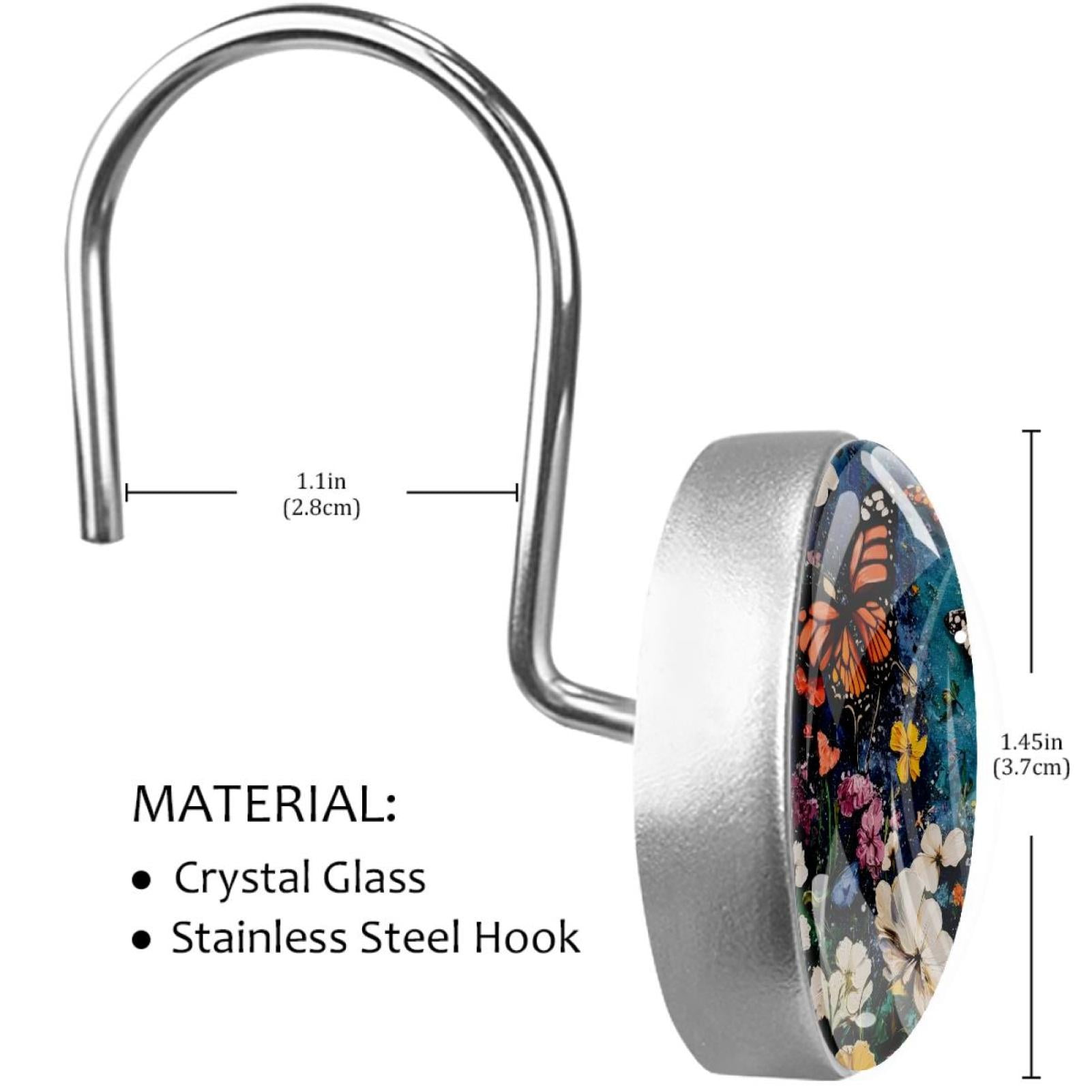 Colorful Butterflies on Wildflowers Shower Curtain Hooks Round Crystal Glass, Set of 12 Shower Curtain Rings - Shower Hooks for Curtain Shower Rings