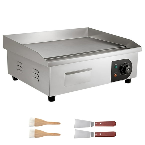 KFFKFF Commercial Electric Griddle, 21 x 11.8 inch, 1750W, 122-570°F Adjustable Temp Control, Stainless Steel Countertop Flat Top Grill with 2 Spatulas, 2 Brushes and 4 Foot Pads