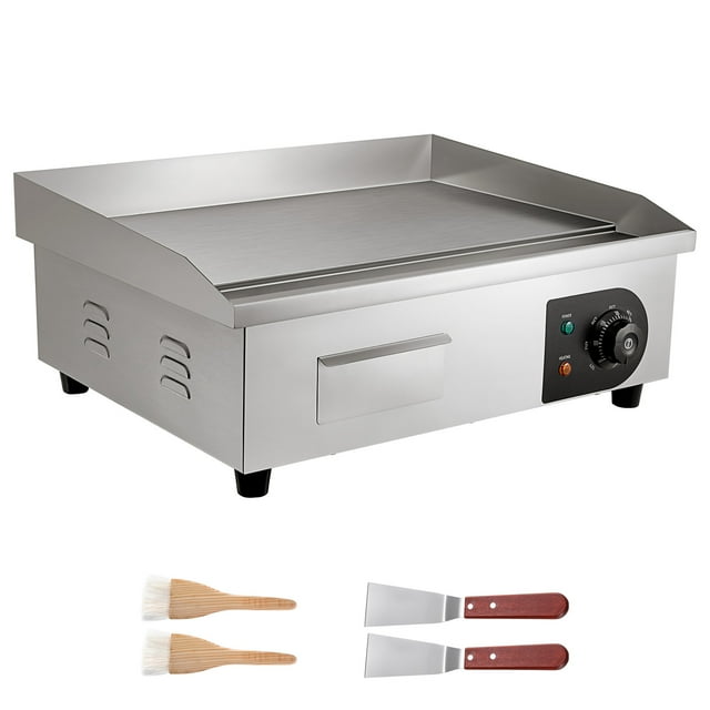 KFFKFF Commercial Electric Griddle, 21 x 11.8 inch, 1750W, 122-570°F Adjustable Temp Control, Stainless Steel Countertop Flat Top Grill with 2 Spatulas, 2 Brushes and 4 Foot Pads