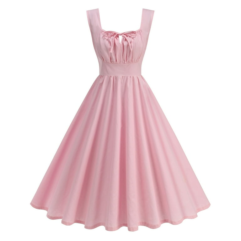 Cavosen Womens 50s Dresses Pink Vintage Retro Sleeveless Square Neck Tie Front A-Line Tea Length Dresses Solid Elegant Bodycon Rockabilly Cocktail