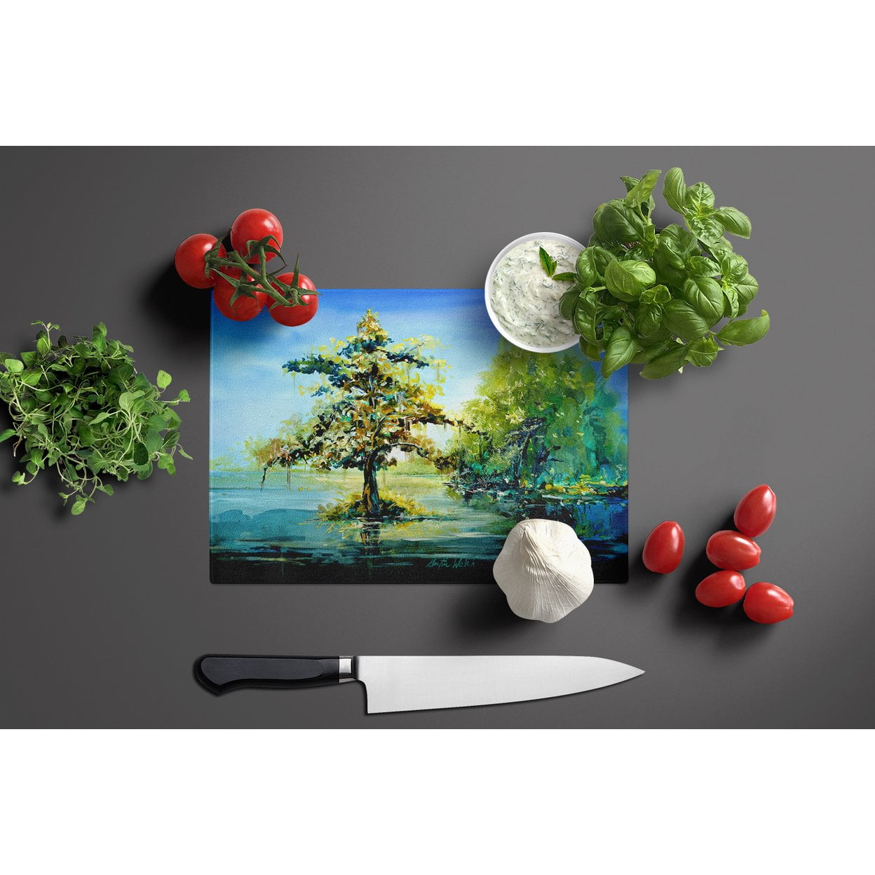 Cypress Tree in the Bayou Blue Glass Cutting Board 12 in x 15 in