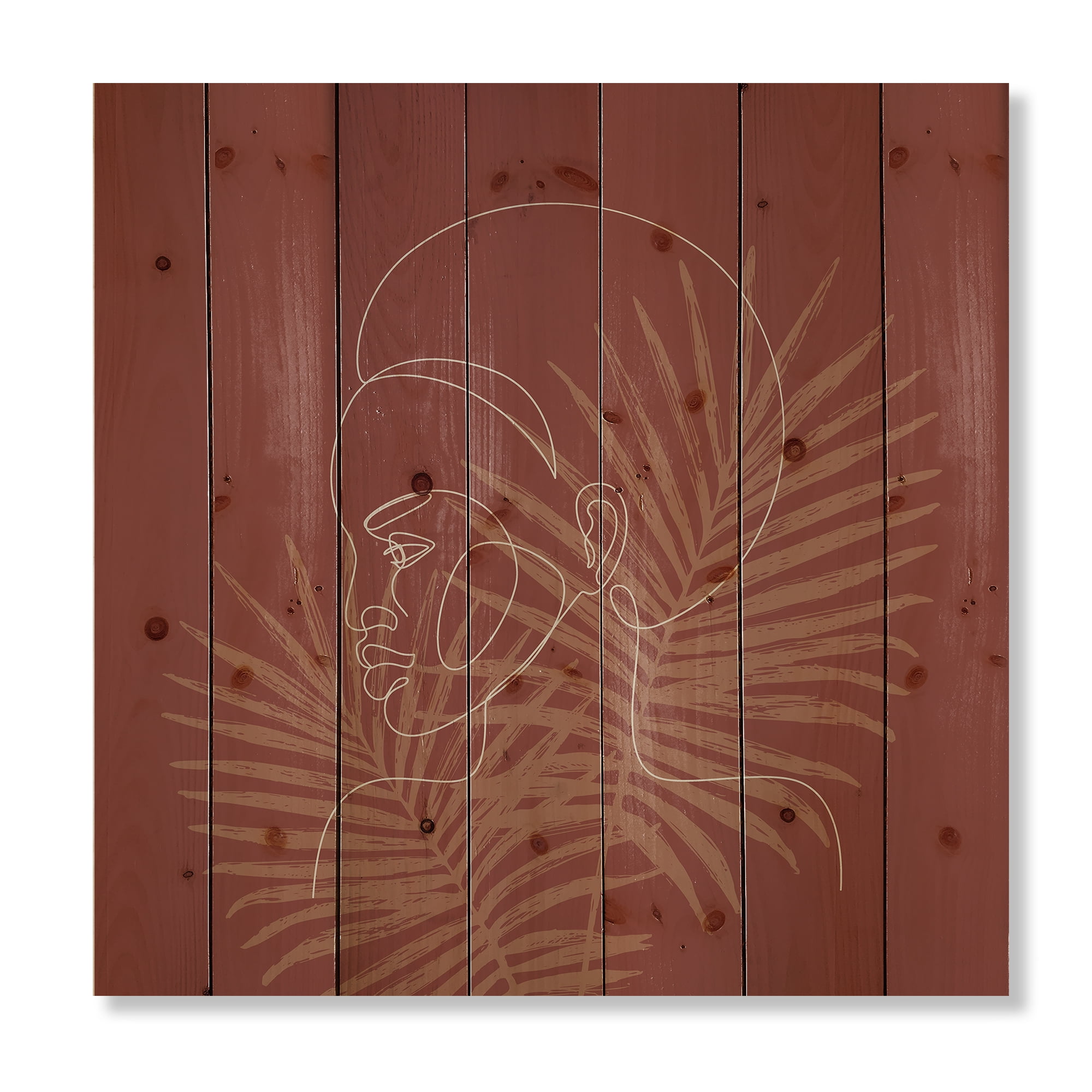Designart 'Sillhouette of Afro American Woman on Palm Leaves' Modern Print on Natural Pine Wood