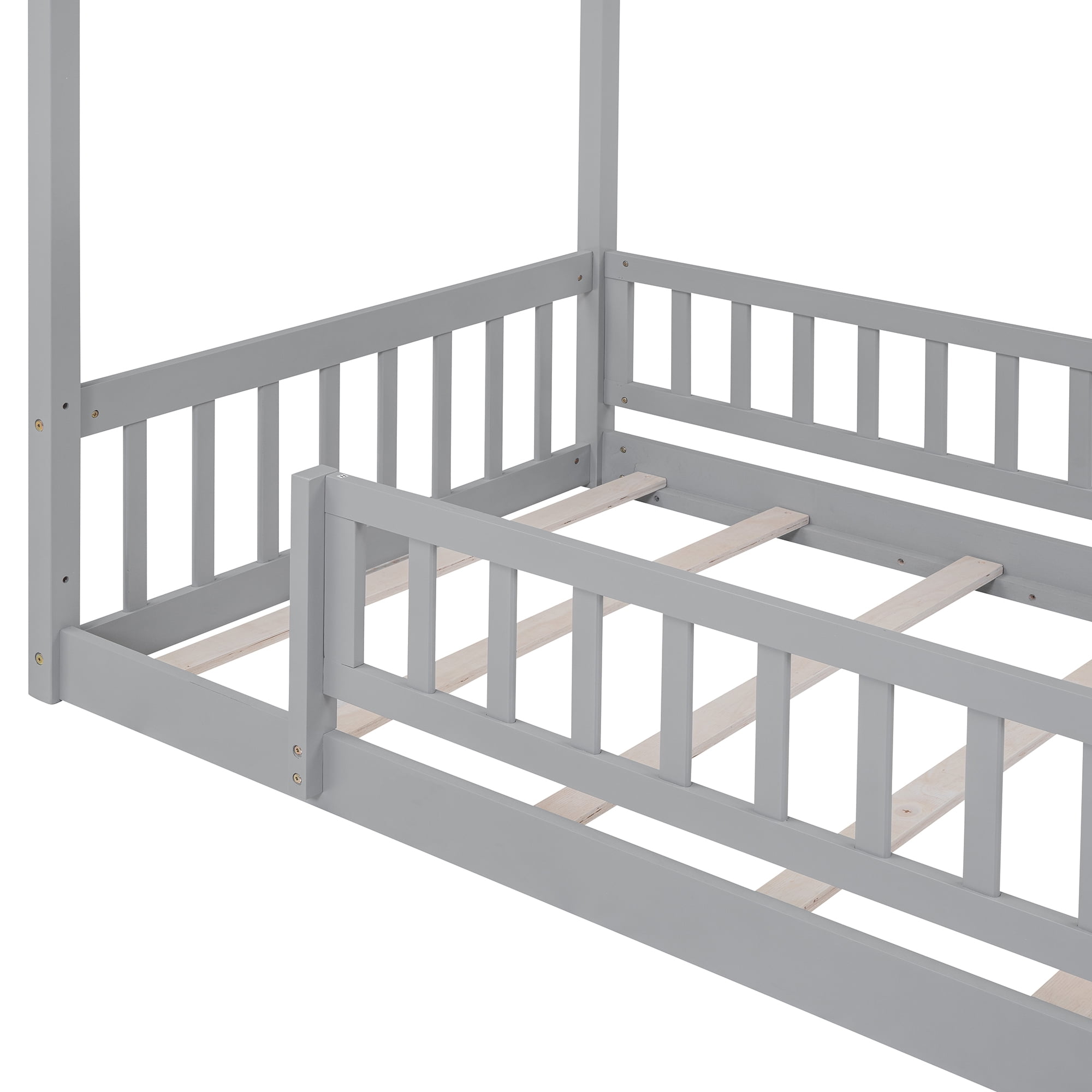 Harper & Bright Designs Twin Size Wood Floor Bed Frame, Twin House-Shaped Bed Daybed with Fence for Girls Boys, Gray
