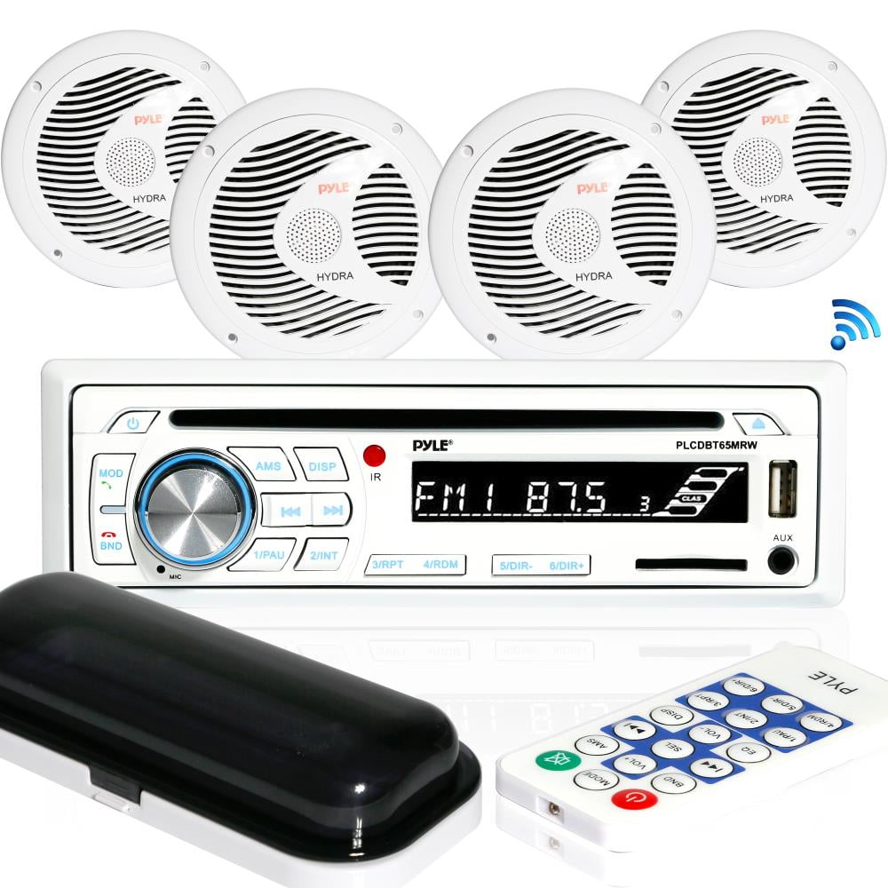 New Boat Yacht Radio USB AUX Input 4 Round Black Speakers w/Amp Cover Remote Kit 