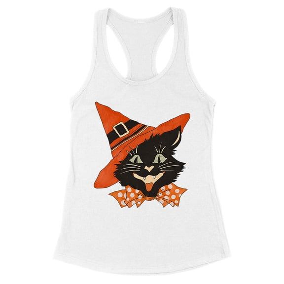 Vintage Witch Cat Tank Top Fitted Racerback Women's Large White