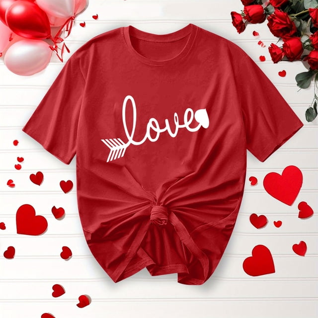 TIMIFIS T-Shirts à Manches Courtes de la Saint-Valentin pour Femmes Mode Décontractée Col Rond T-Shirt Imprimé Cœur d'Amour T-Shirt d'Été Ample Col Rond T-Shirts