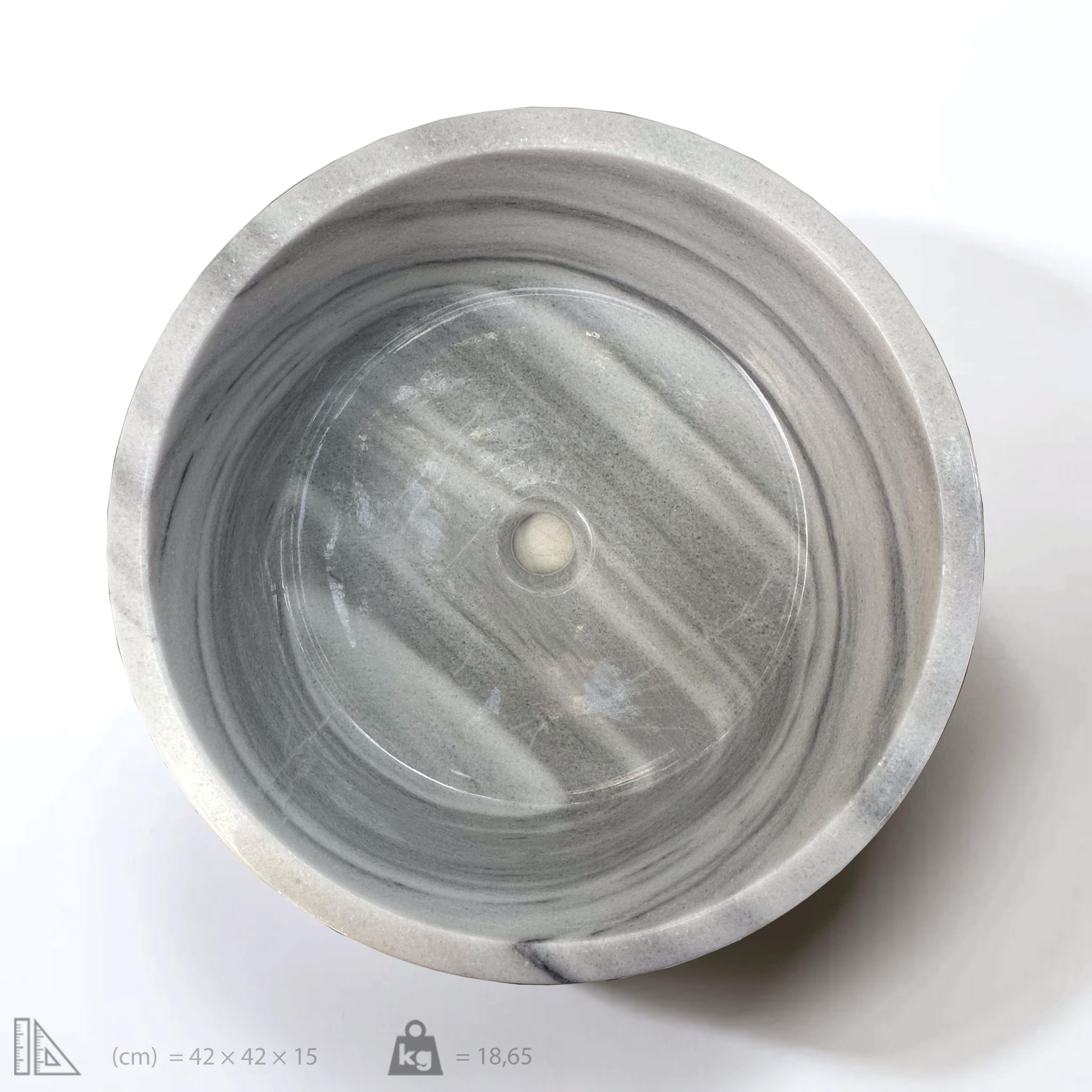 Gray Marmara Marble Cylindrical Vessel Sink – 16.53 x 16.53 Inch Hand-Carved Round Marble Bathroom Sink, Polished Stone Vanity Basin for Modern and Luxury Bathrooms