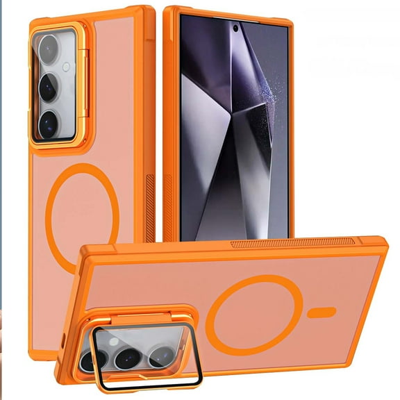 Magnetic for Samsung Galaxy S23 Case with Camera Cover Stand [Compatible with MagSafe] [Military-Grade Protection] Translucent Matte Slim Shockproof Phone Case Wireless Charging,Orange