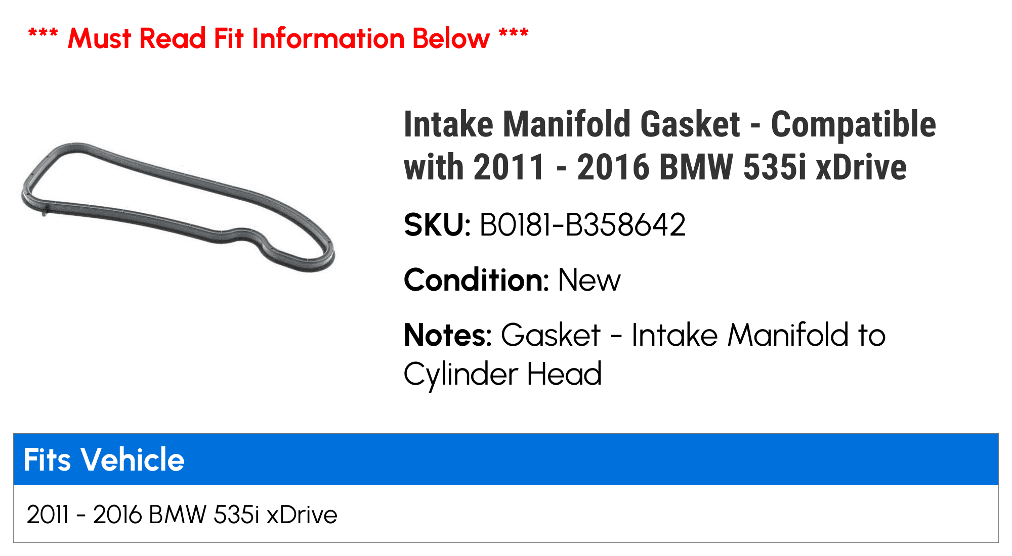 Intake Manifold Gasket - Compatible with 2011 - 2016 BMW 535i xDrive 2012 2013 2014 2015