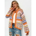 thumbnail image 6 of Women'S Multicolored Striped Crochet Knit Cardigan Crew Neck Flared Sleeve Button Y2K Sweater Coat Orange XL, 6 of 9