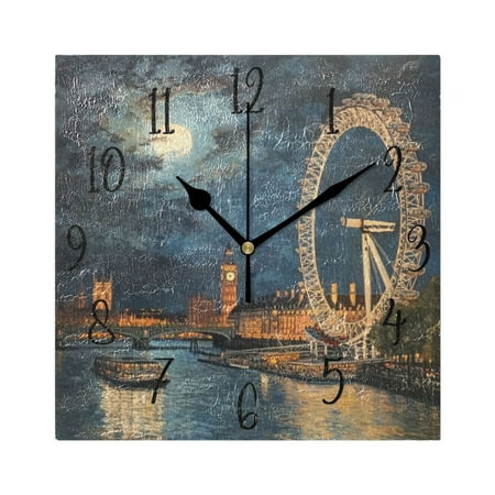 WOBOGO London Eye at Night Wall Clock 7.78 Inch Battery Operated Silent Unit Square Rustic Vintage Style for Home Bedroom Office Black Pointer