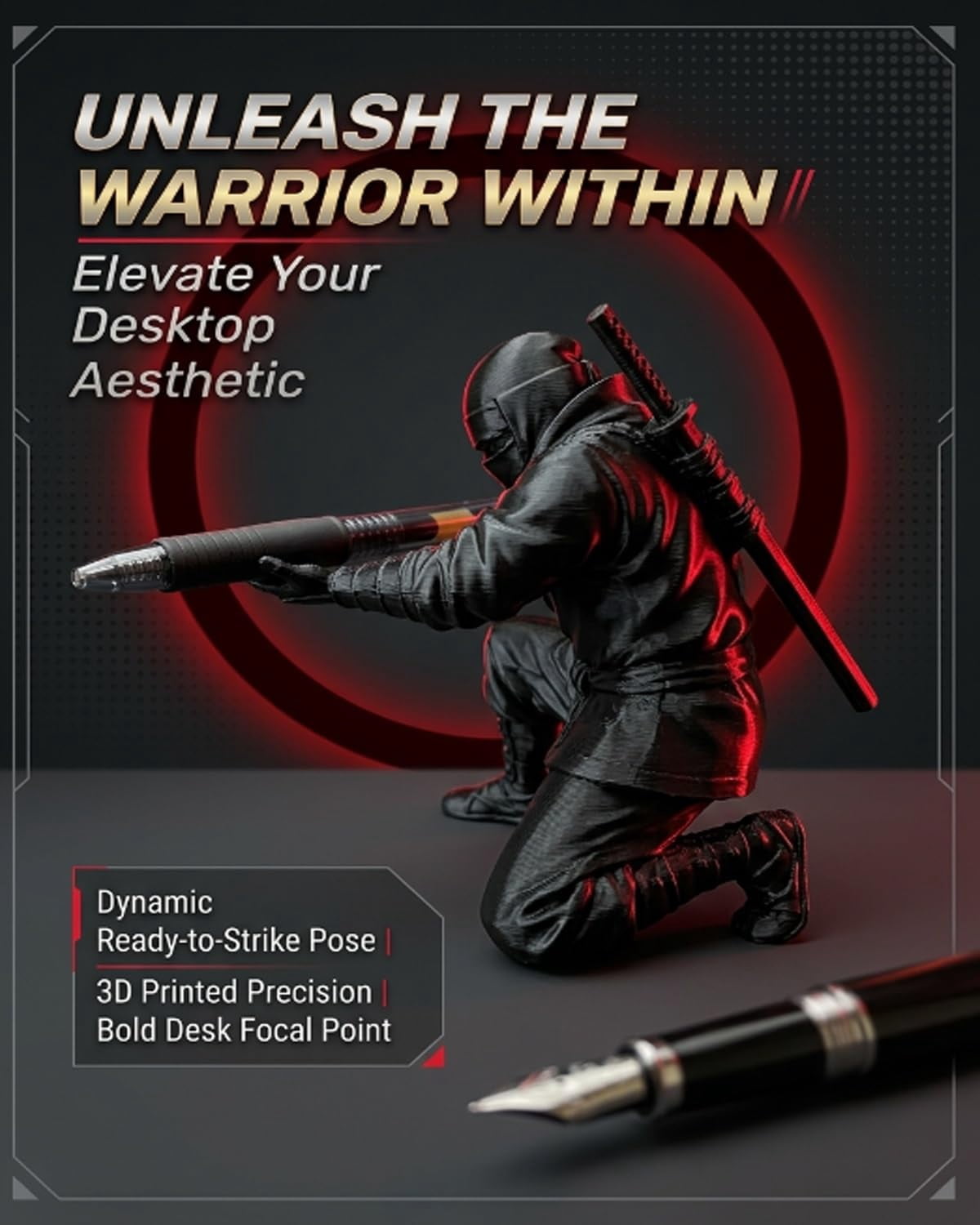 Ninja Warrior Pen Holder with Sword and Weapon Accessories, 2026 New 3D Printed Desk Organizer Stand with Sculpture, Unique Creative Stationery Gift for Office Home Classroom (3PCS)