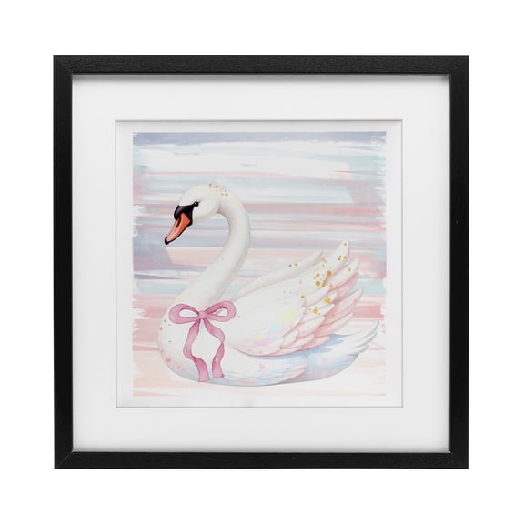 Pastel Swan with Ribbon Black Framed Print Under Glass, design by Kim Allen
