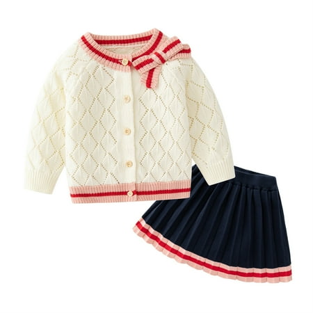 

1-4 T Toddler Girls Skirt Outfits Sets Kids Knitted Hollow Cardigan Top+ Elastic Pleated Skirt Spring Fall Clothes Set（Little Girls） A1 12-18 Months