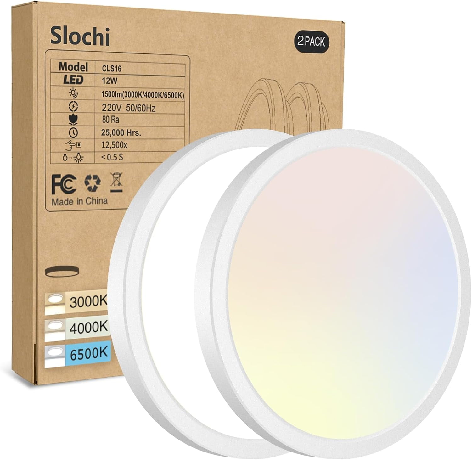 RGHJAR-2PACK LED Flush Mount Ceiling Light, Dimmable & 100W Equivalent Super Slim LED Ceiling Light, 3000K-6500K Selectable, 12W 1500Lm Round Light Fixture for Bedroom, Bathroom, Closet, Hallway