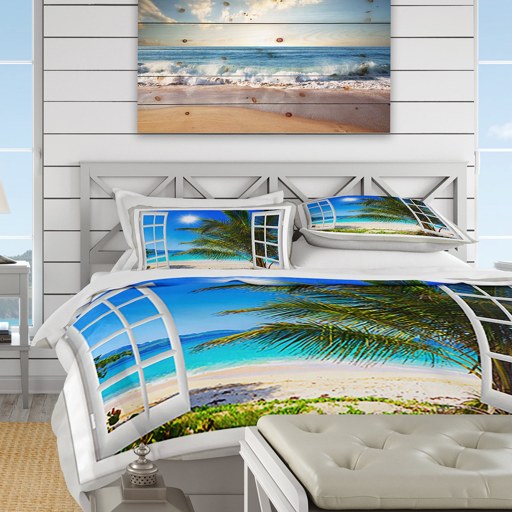 Designart 'Window Open To Beach with Palm' Coastal Duvet Cover Set