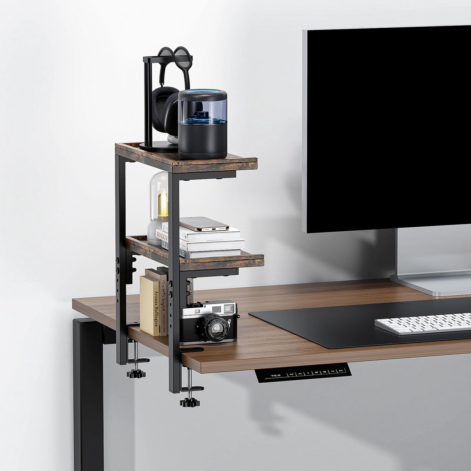 2-tier Desk Shelf  Expandable Under Storage Clamp On Desktop Accessories For Offices Study Rooms And Game (wood)