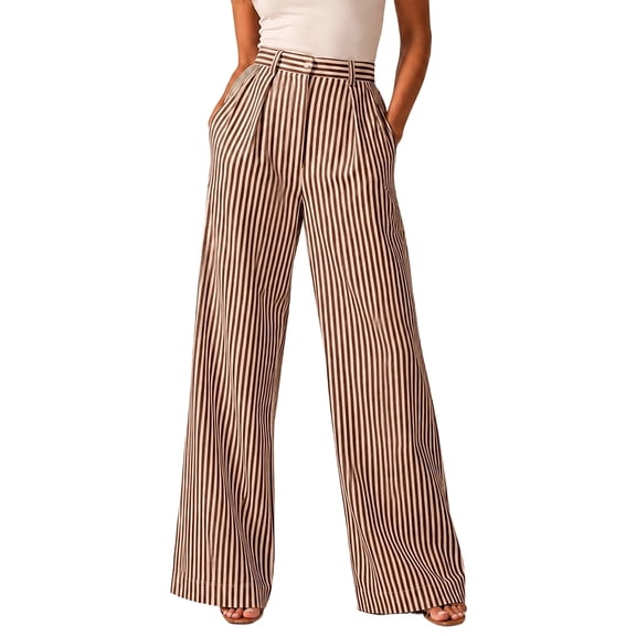 JUUNthy Womens Wide Leg Pants, High Waist Striped Pleated Zipper Button Casual Office Palazzo Dress Trousers with Pockets Khaki 2XL