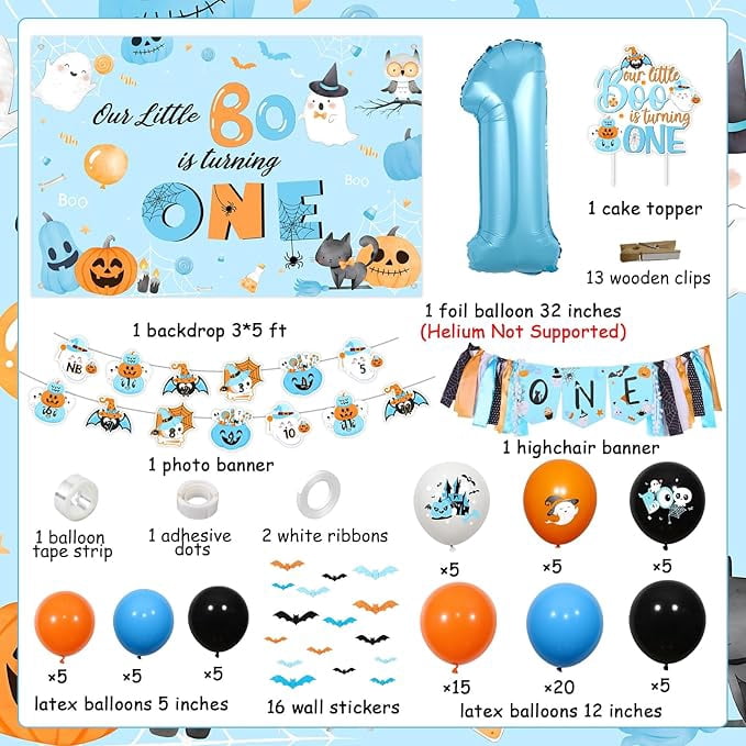 Partiqla Halloween 1st Birthday Party Decor Blue Our Little Boo is Turning One Backdrop High Chair Banner Foil Balloon Ghost Pumpkin Photo Banner Cake Bat Sticker Balloon Garland Arch Kit for Boys