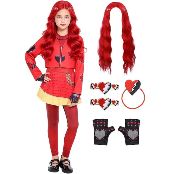 Red Wonderland Costume Set with Wig, Jacket, Top, Skirt, Leggings and Gloves, Fantasy Halloween Cosplay Party Outfit