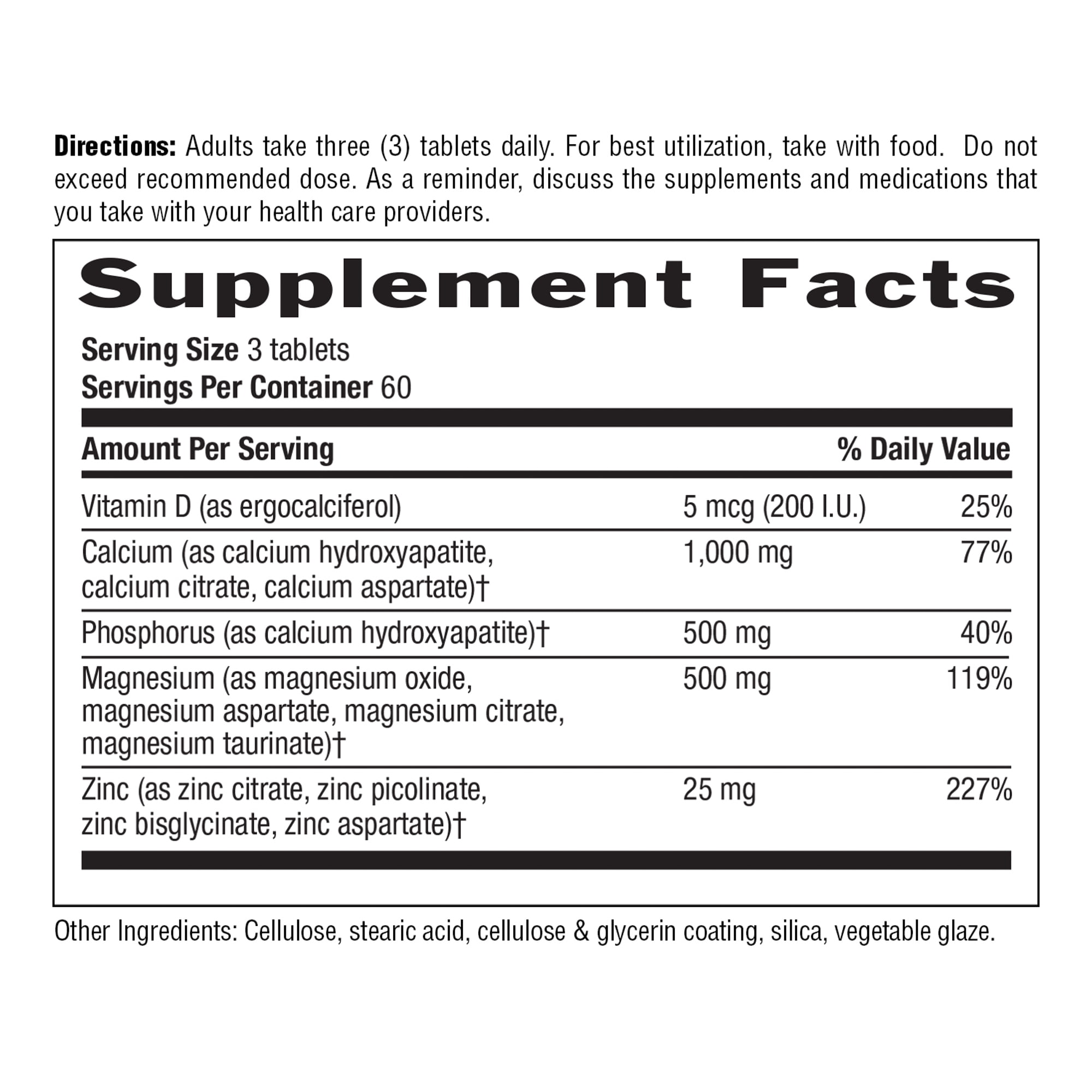 Country Life Calcium Magnesium Zinc with Vitamin D3 and L-Glutamic Acid, Dietary Supplement for Bone Support, Certified Gluten Free, 1000mg/500mg/25mg, 180 Tablets