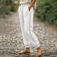 thumbnail image 3 of Women's Linen Pants with Pockets Side Lace Trim Trendy Beach Vacation Casual Trousers Elastic Bottom (S, White), 3 of 7